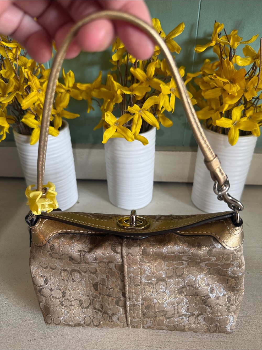 Coach y2k Gold Signature Jacquard Shoulder Bag with Floral Charm - Picture 14 of 14